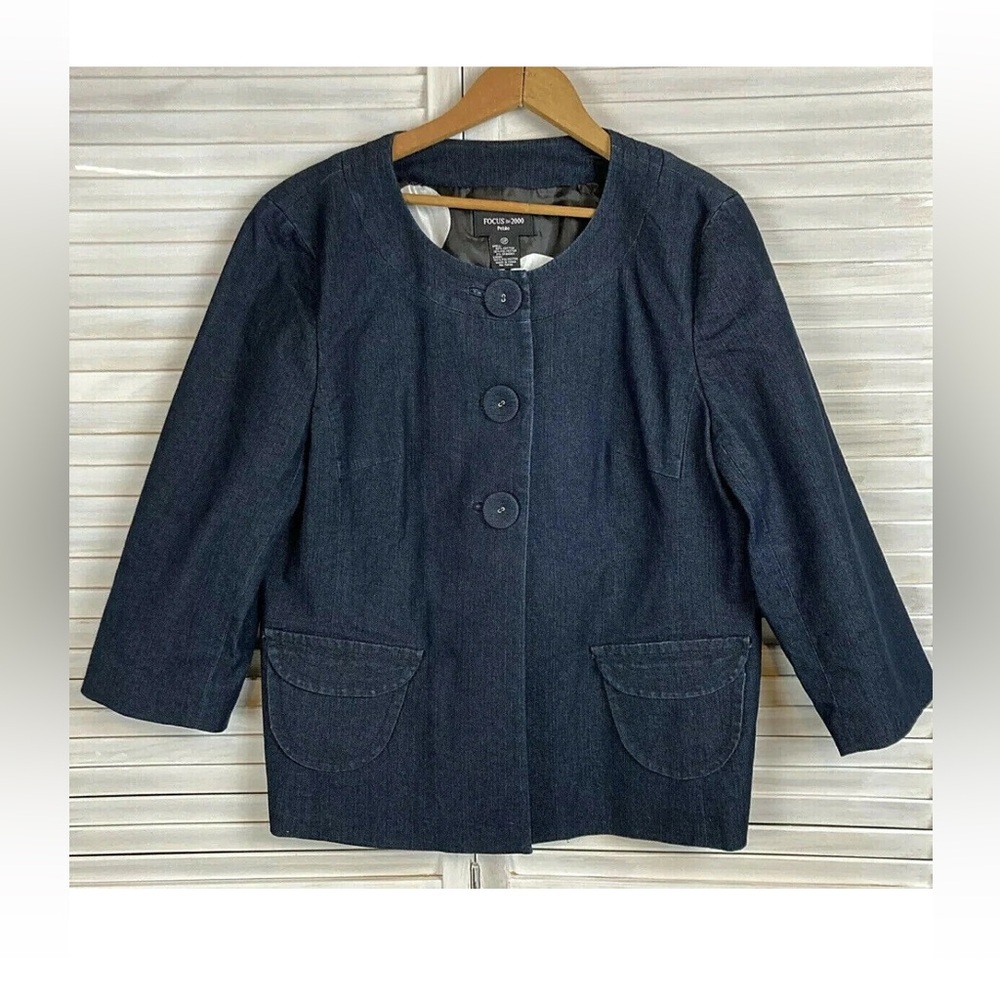 Focus 2000 Denim 3 Button Lightweight Lined Box Jacket 3/4 Sleeve 12 Petite